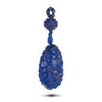 AN ANTIQUE CHINESE CARVED LAPIS LAZULI PENDANT comprising a row of carved and polished lapis lazu...