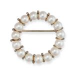 A PEARL CIRCLE BROOCH in 14ct white gold, designed as an open circle set with pearls, stamped 585,