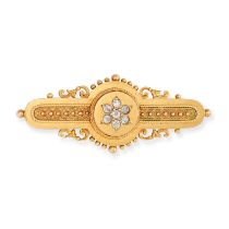 AN ANTIQUE DIAMOND BROOCH in yellow gold, set with a cluster of old cut diamonds accented by bead...