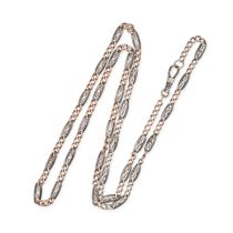 AN ALBERT CHAIN NECKLACE in silver, comprising a row of curb and fancy links terminating in a swi...