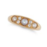 AN ANTIQUE PEARL AND DIAMOND RING in 18ct yellow gold, set with three half pearls and pairs of ol...