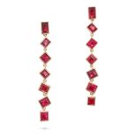 A PAIR OF SPINEL DROP EARRINGS in 14ct yellow gold, each set with an articulated row of rectangul...