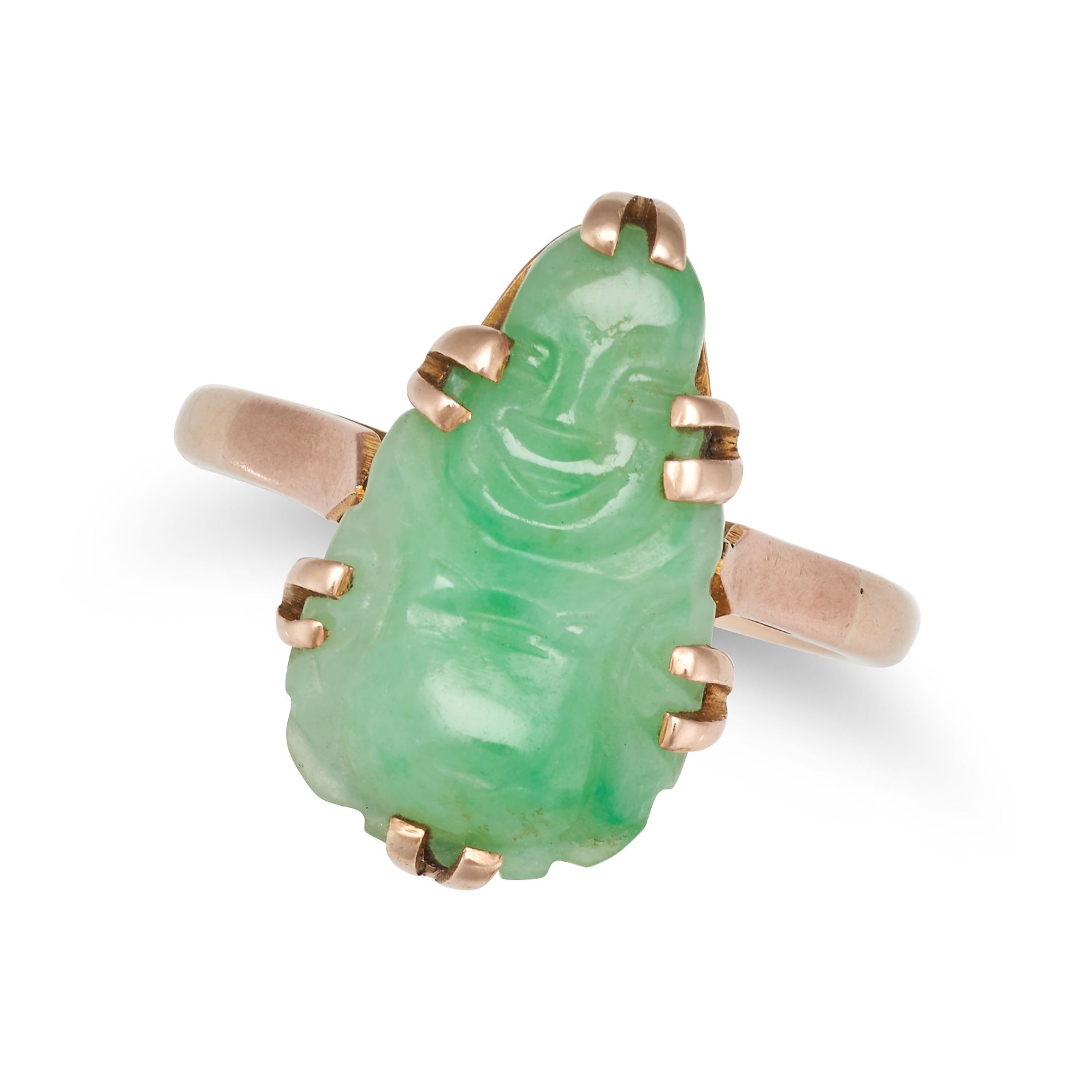 A JADEITE JADE RING set with a pear shaped jadeite jade carved to depict a Buddha, stamped 9CT, s...