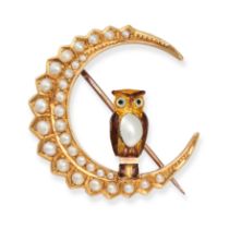 AN ANTIQUE PEARL AND ENAMEL CRESCENT MOON AND OWL BROOCH in 18ct yellow gold,