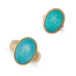 TWO TURQUOISE RINGS one set with an oval cabochon turquoise, stamped 750, size S1/2 / 9.5, 11.0g,...