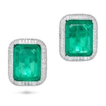 NO RESERVE - A PAIR OF SOUDE EMERALD AND PASTE EARRINGS each set with an octagonal step cut soude...