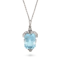 AN AQUAMARINE AND DIAMOND PENDANT NECKLACE the pendant set with an octagonal step cut aquamarine ...