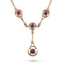 A RUBY AND DIAMOND NECKLACE the pendant set with round cut rubies  and rose cut diamonds, suspend...