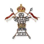 NO RESERVE - AN ANTIQUE DIAMOND AND ENAMEL 12TH LANCERS REGIMENTAL BROOCH in yellow gold and silv...