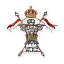 NO RESERVE - AN ANTIQUE DIAMOND AND ENAMEL 12TH LANCERS REGIMENTAL BROOCH in yellow gold and silv...