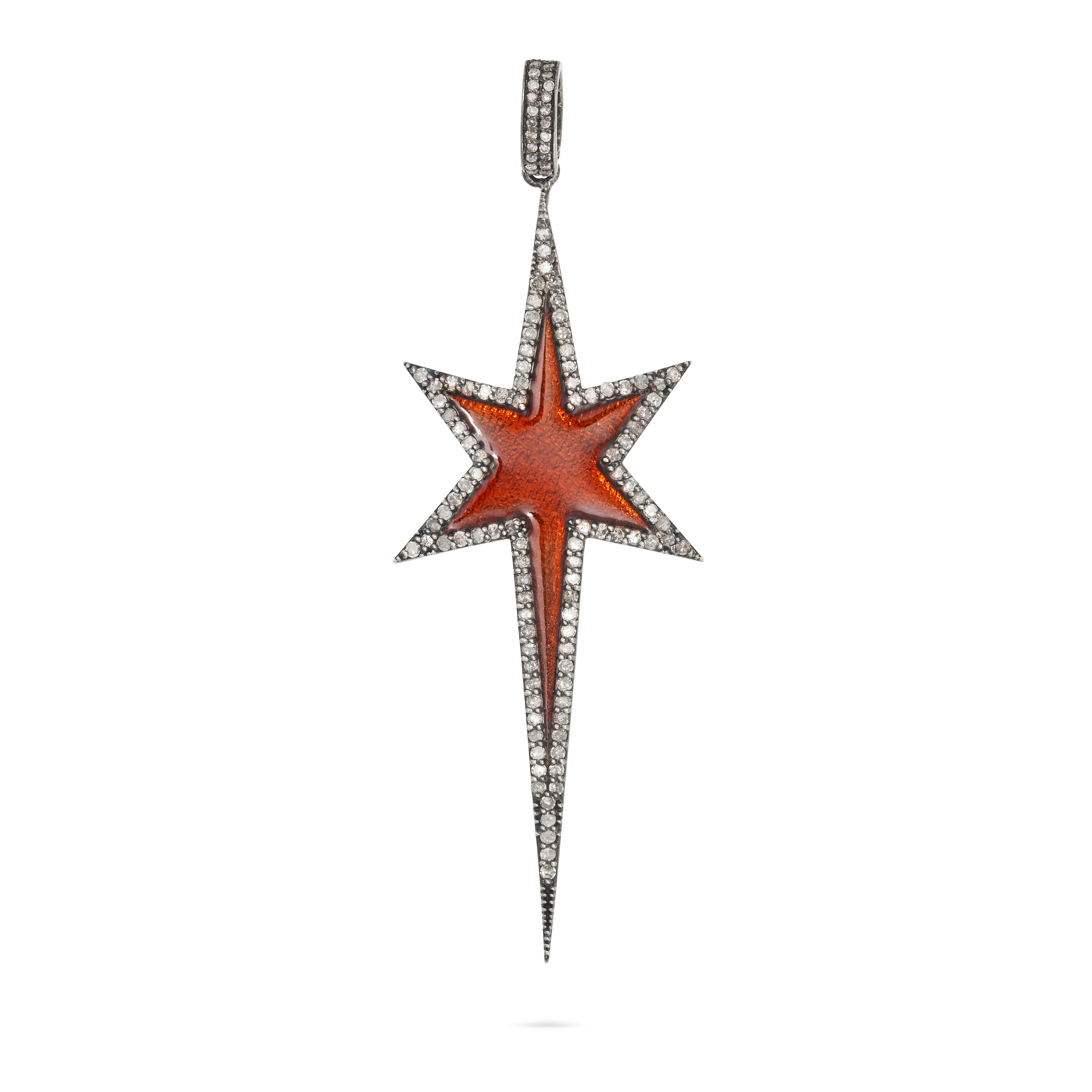 NO RESERVE - A DIAMOND AND ENAMEL STAR PENDANT designed as a star relived in orange enamel, accen...