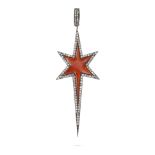 NO RESERVE - A DIAMOND AND ENAMEL STAR PENDANT designed as a star relived in orange enamel, accen...