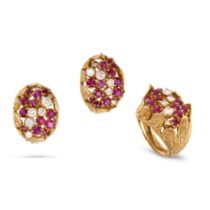 A VINTAGE RUBY AND DIAMOND RING AND EARRINGS SUITE in 18ct yellow gold, the ring in stylised foli...