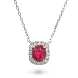 A SPINEL AND DIAMOND PENDANT NECKLACE set with an oval cut spinel in a border of round cut diamon...