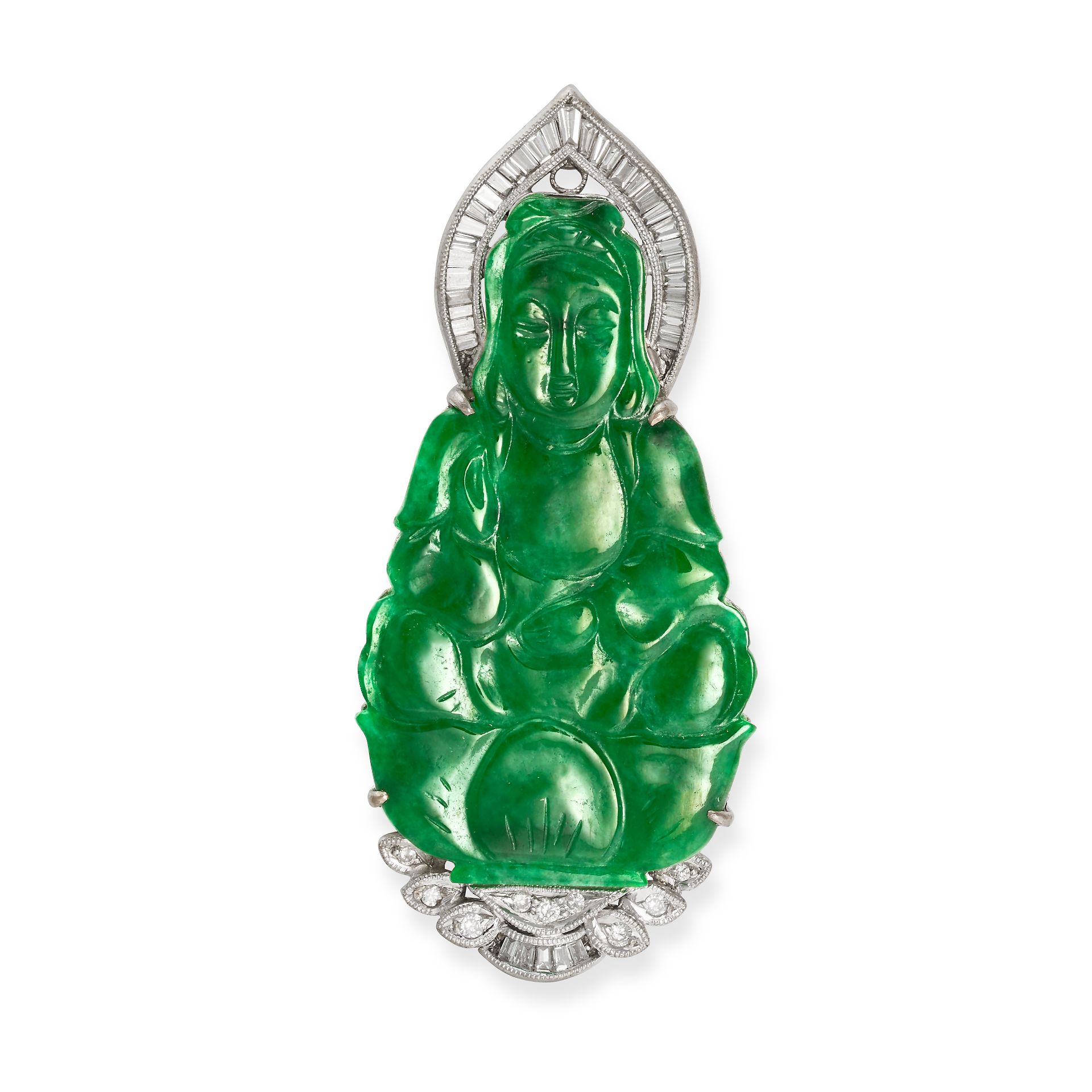 A JADEITE JADE AND DIAMOND BUDDHA PENDANT set with a piece of jadeite jade carved to depict the s...