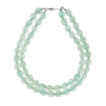 NO RESERVE - A GREEN QUARTZ BEAD NECKLACE comprising two row of faceted green quartz beads, no as...