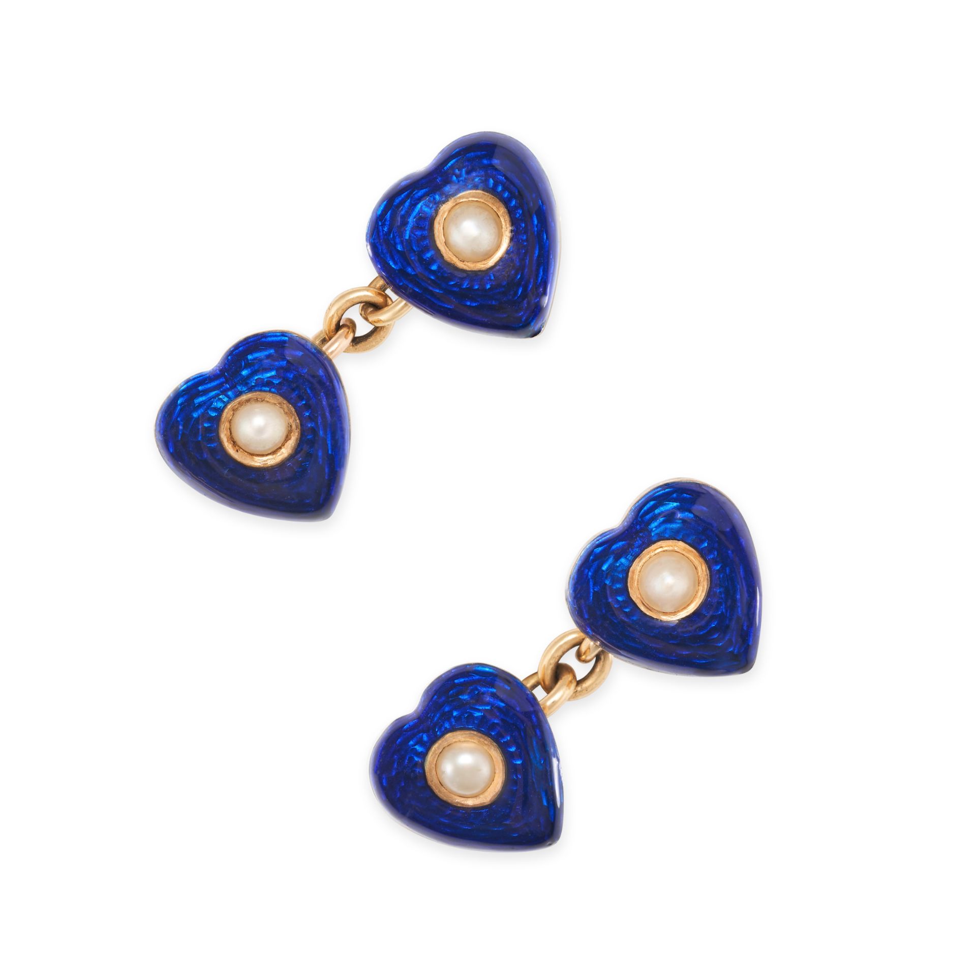A PAIR OF ANTIQUE PEARL AND ENAMEL HEART CUFFLINKS in 18ct yellow gold, the heart shaped faces se...