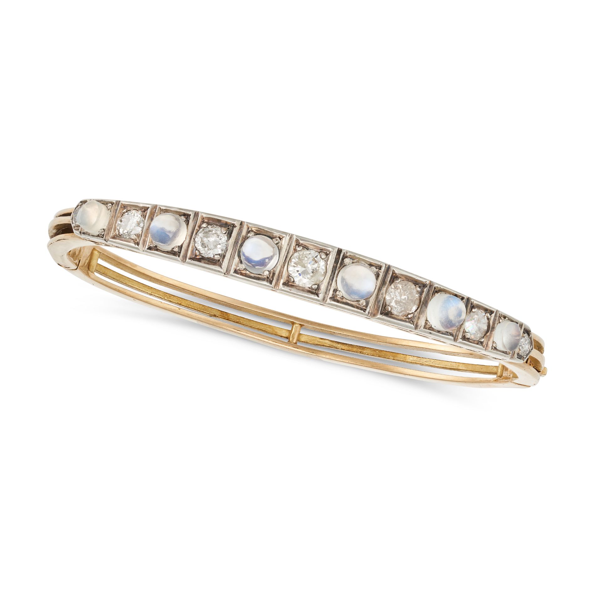A MOONSTONE AND DIAMOND BANGLE the hinged bangle set with a row of alternating round cabochon moo...