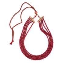 NO RESERVE - A DYED RED QUARTZ BEAD NECKLACE comprising five strands of faceted red quartz beads,...