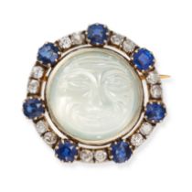 A MOONSTONE, SAPPHIRE AND DIAMOND MAN IN THE MOON BROOCH set with a cabochon moonstone carved to ...