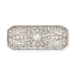 A DIAMOND PLAQUE BROOCH the pierced geometric brooch set with an old cut diamond of approximately...
