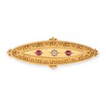 N ANTIQUE RUBY AND DIAMOND BROOCH in 15ct yellow gold, the navette shaped brooch set with an old ...