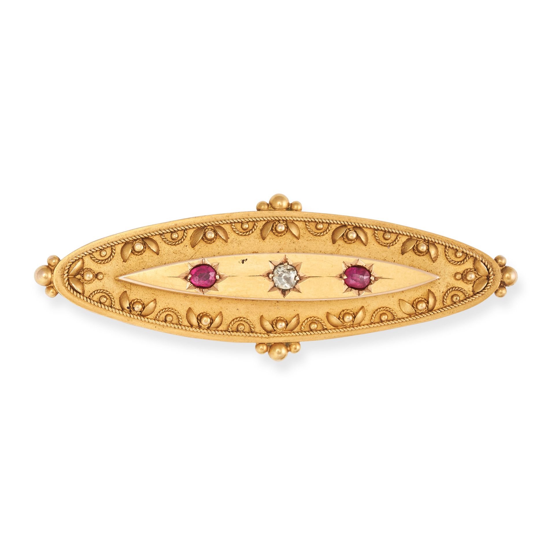 N ANTIQUE RUBY AND DIAMOND BROOCH in 15ct yellow gold, the navette shaped brooch set with an old ...