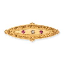 N ANTIQUE RUBY AND DIAMOND BROOCH in 15ct yellow gold, the navette shaped brooch set with an old ...