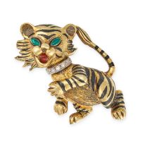 A DIAMOND AND ENAMEL TIGER BROOCH designed as a tiger accented by black enamel stripes, green ena...