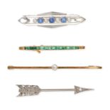 NO RESERVE - A COLLECTION OF FOUR BROOCHES comprising a diamond arrow jabot pin brooch, designed ...