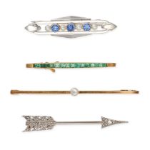 NO RESERVE - A COLLECTION OF FOUR BROOCHES comprising a diamond arrow jabot pin brooch, designed ...