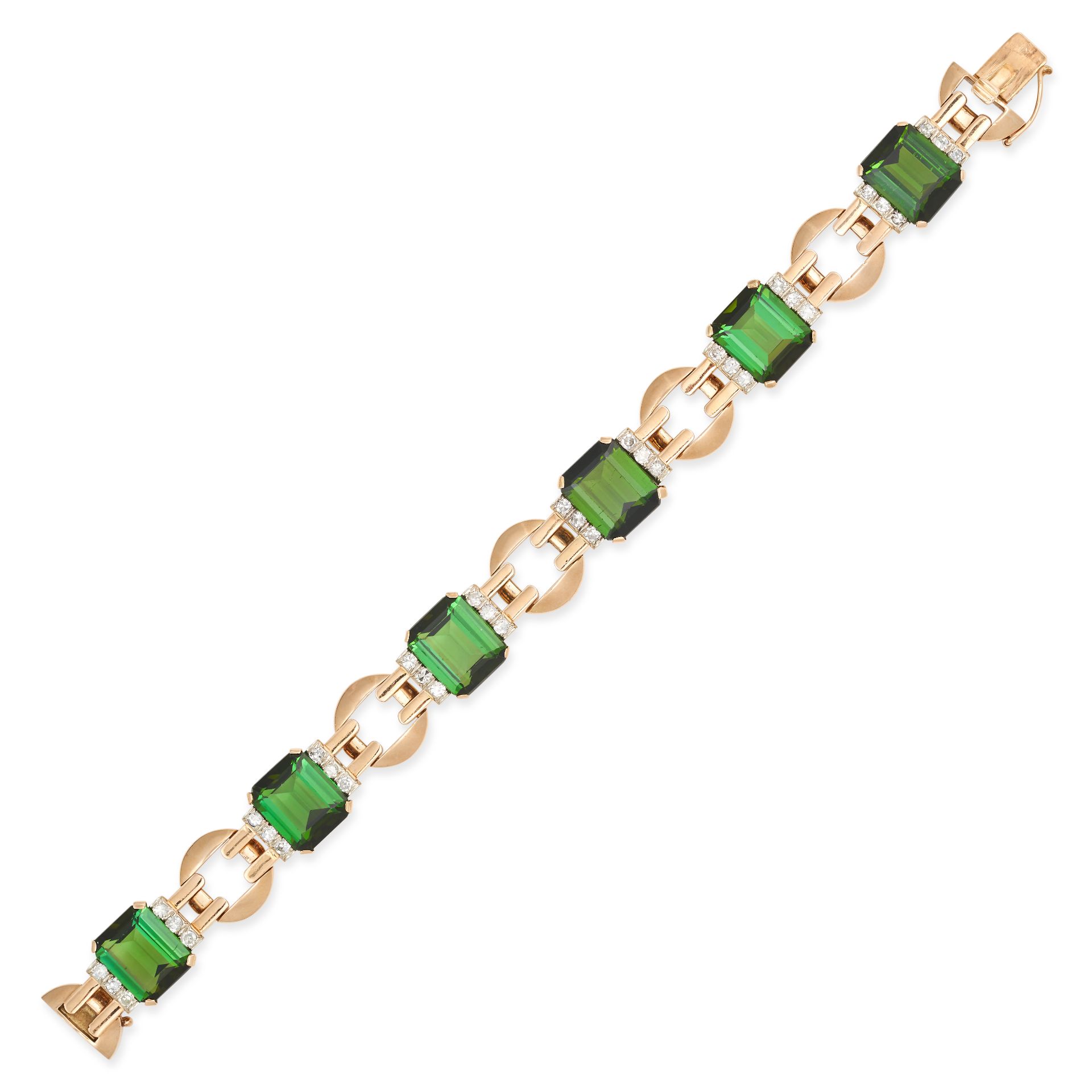 A RETRO GREEN TOURMALINE AND DIAMOND BRACELET in yellow gold, set with six octagonal step cut gre...