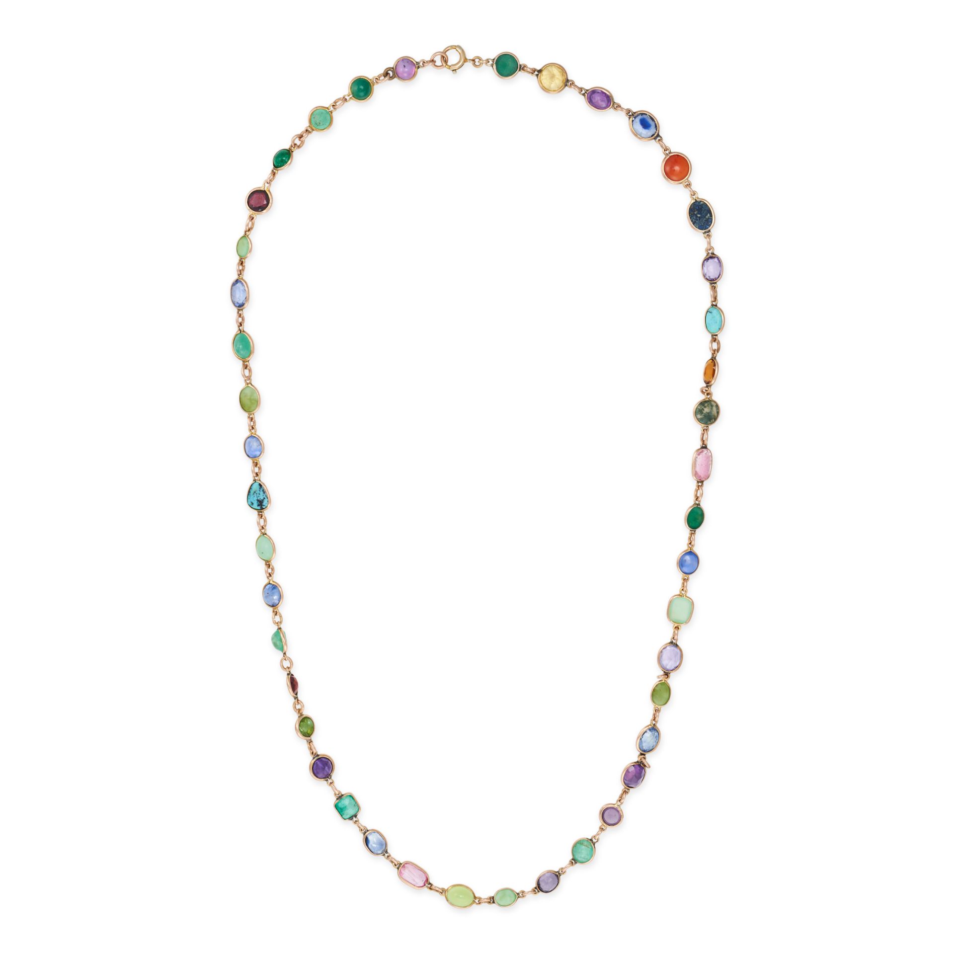 AN ANTIQUE GEMSET HARLEQUIN NECKLACE in 9ct yellow gold, comprising a trace chain set with variou...