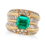 A COLOMBIAN EMERALD AND DIAMOND DRESS RING set with an octagonal step cut emerald of approximatel...