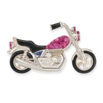 PAOLO PIOVAN, A RUBY, DIAMOND AND ONYX MOTORBIKE BROOCH the body set with calibre cut rubies and ...