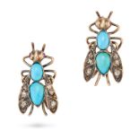A PAIR OF TURQUOISE AND DIAMOND FLY EARRINGS each designed as a fly set with oval cabochon turquo...