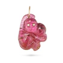 A PINK TOURMALINE AND DIAMOND MONKEY PENDANT the pendant comprising a pink tourmaline carved to d...