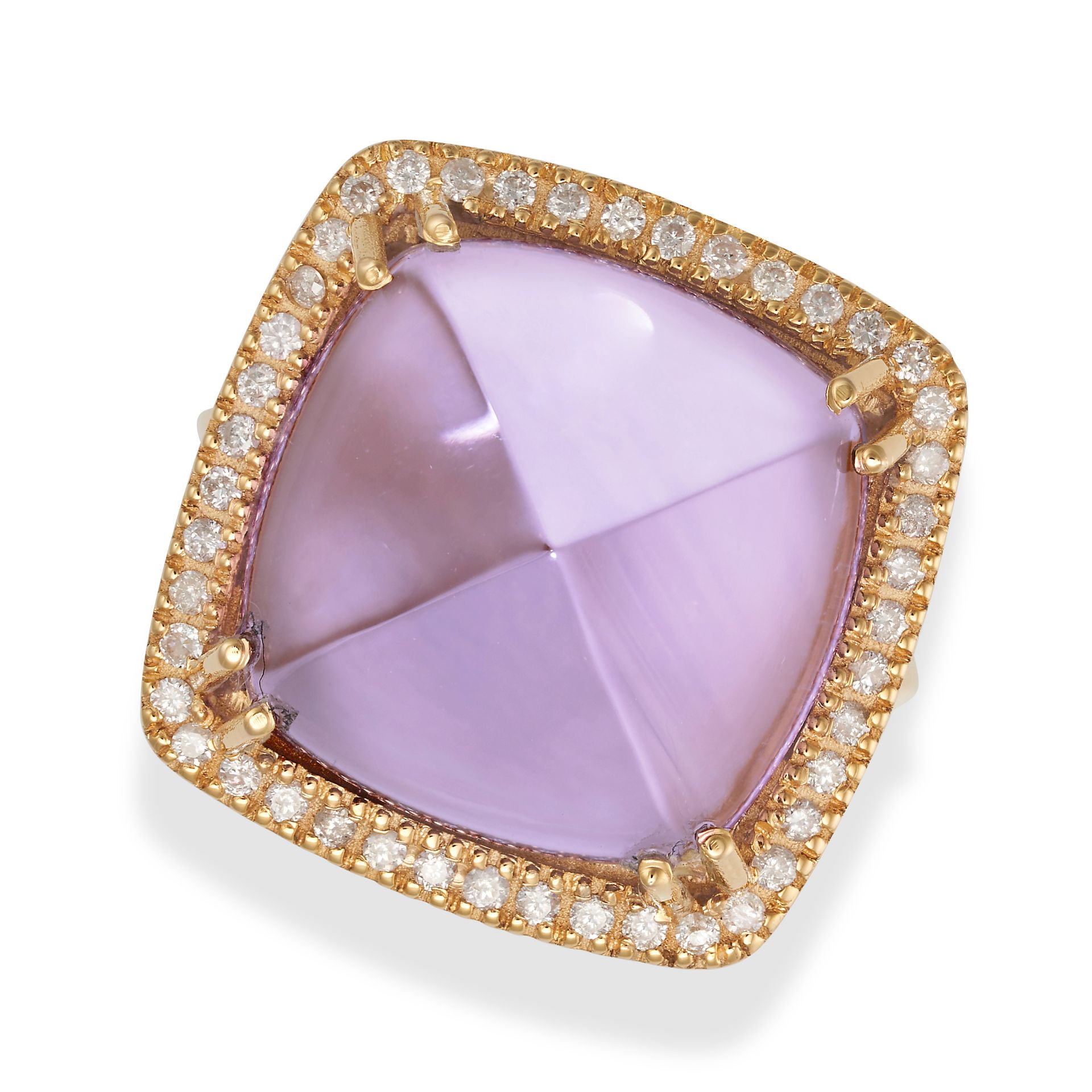 AN AMETHYST AND DIAMOND RING set with a sugarloaf cabochon amethyst in a border of round cut diam...