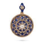AN ANTIQUE DIAMOND AND ENAMEL PENDANT in yellow gold, the circular pendant set with old and rose ...