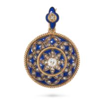 AN ANTIQUE DIAMOND AND ENAMEL PENDANT in yellow gold, the circular pendant set with old and rose ...