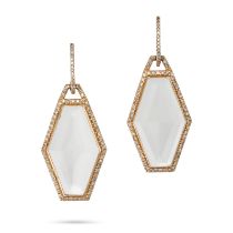 A PAIR OF ROCK CRYSTAL AND DIAMOND DROP EARRINGS each set with a faceted hexagonal piece of rock ...