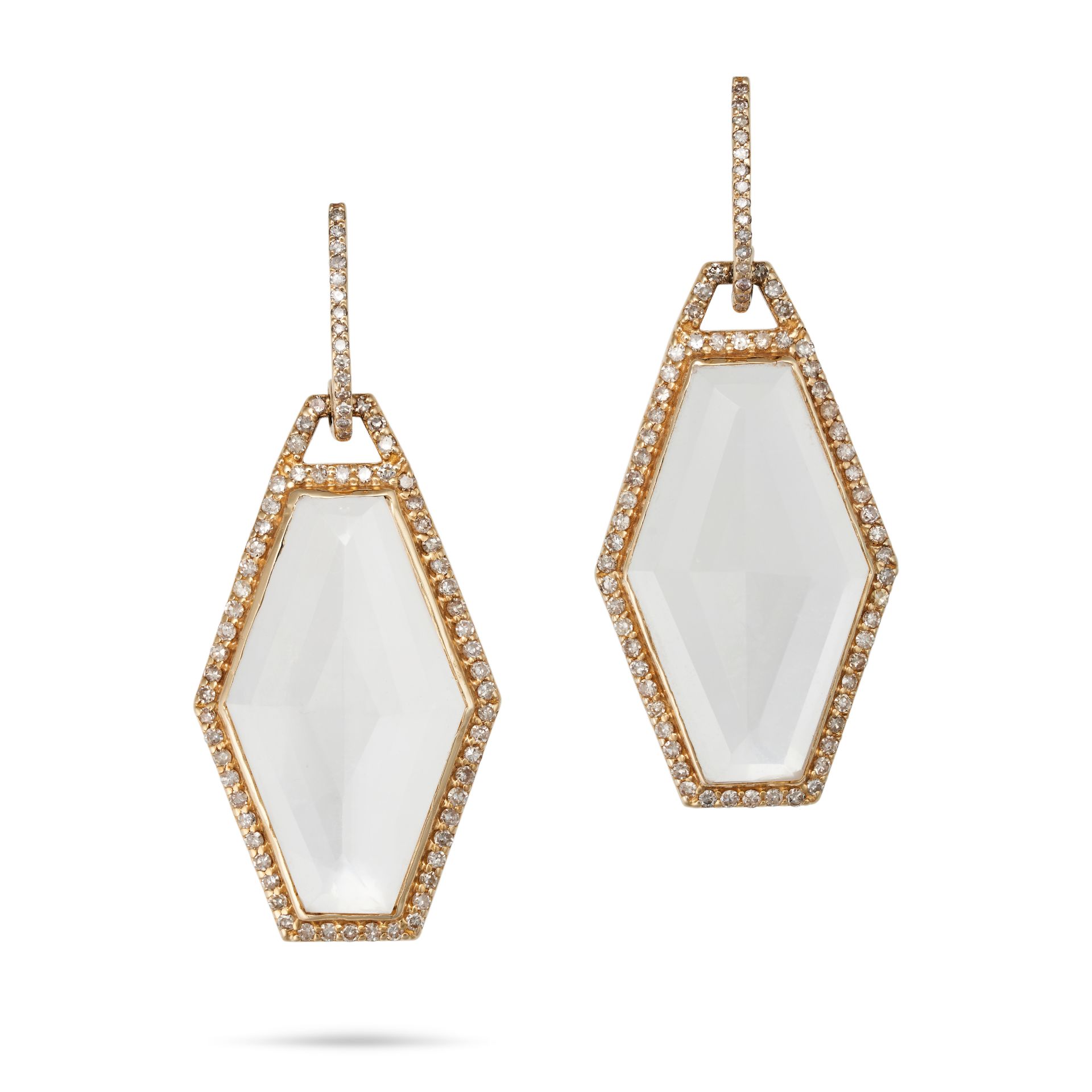 A PAIR OF ROCK CRYSTAL AND DIAMOND DROP EARRINGS each set with a faceted hexagonal piece of rock ...