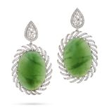 A PAIR OF SERPENTINE AND DIAMOND EARRINGS each set with a large cabochon serpentine, within twist...