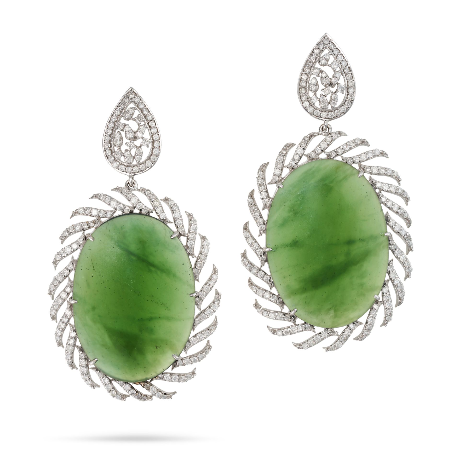 A PAIR OF SERPENTINE AND DIAMOND EARRINGS each set with a large cabochon serpentine, within twist...