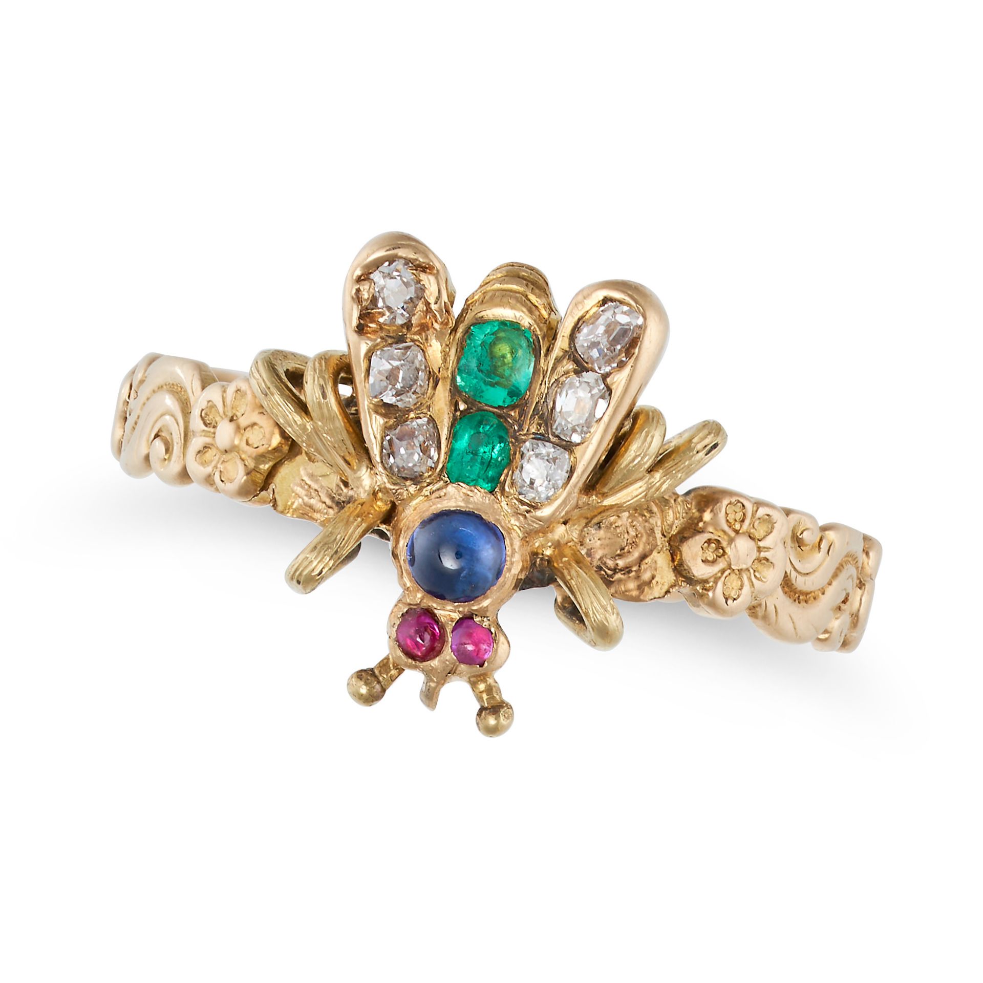 A RUBY, SAPPHIRE, EMERALD AND DIAMOND FLY RING designed as a fly set with round cabochon rubies a...