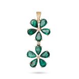 AN EMERALD AND DIAMOND FLORAL PENDANT comprising a round brilliant cut diamond in a cluster of pe...