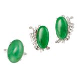 A VINTAGE JADEITE JADE AND DIAMOND RING AND CLIP EARRINGS SUITE in platinum, the ring set with an...