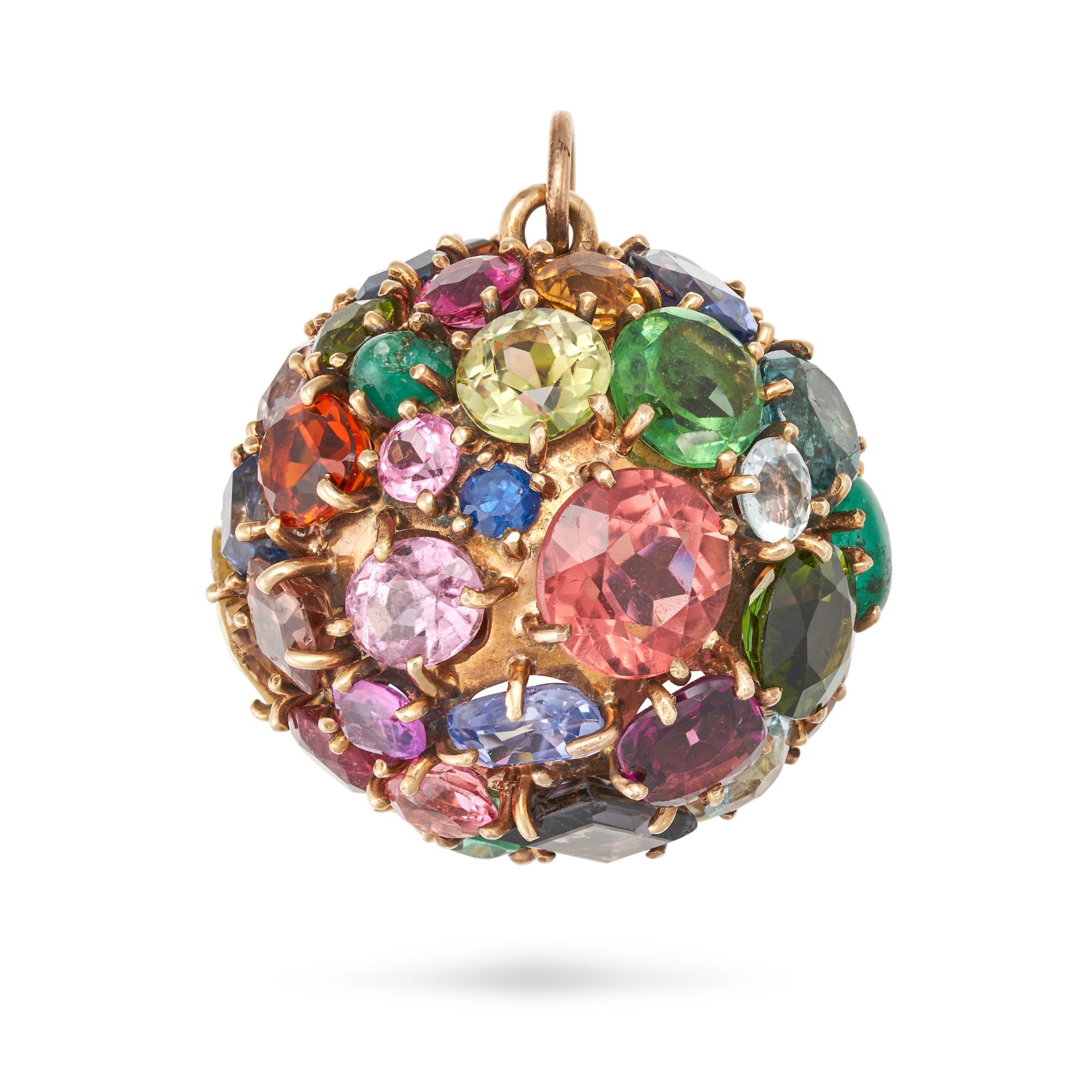 A MULTIGEM PENDANT the spherical pendant set all around with variously cut pink, yellow and blue ...