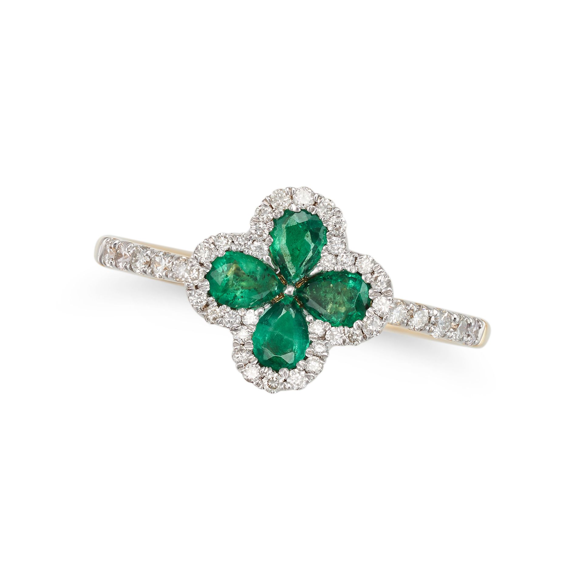 AN EMERALD AND DIAMOND FLOWER DRESS RING of quatrefoil design, set with four pear cut emeralds wi...