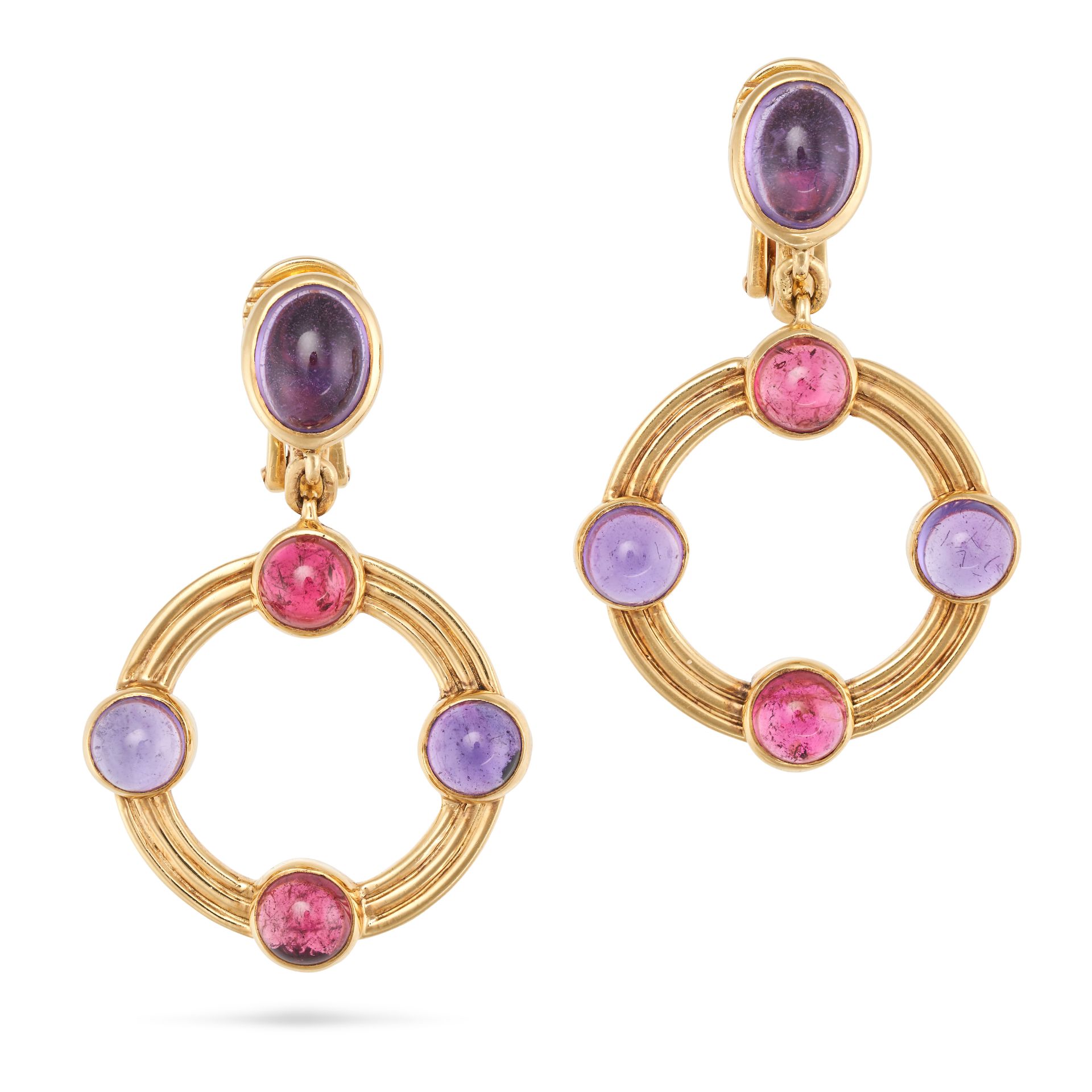 BULGARI, A PAIR OF AMETHYST AND PINK TOURMALINE DROP EARRINGS each set with an oval cabochon amet...
